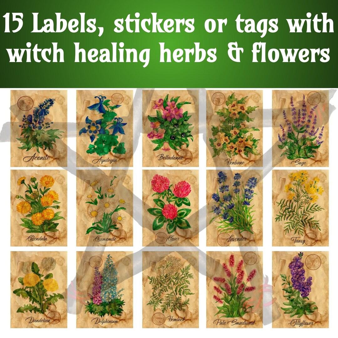30 Wicca Vintage Apothecary Labels, Kitchen Witch Printable Magic Herbs ...