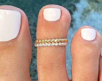 Beaded Mixed Metal Toe Ring | 925 Sterling Silver 14K Gold Filled Toe Ring | Adjustable Ring | Pinky Ring