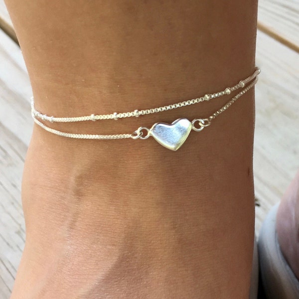 Anklet Sterling Silver Heart | Silver Ankle Bracelet | Layered Charm Anklet