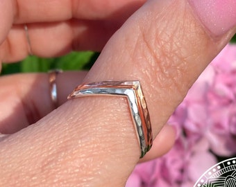 Chevron Hammered Silver and Rose Gold Ring | Midi Pinky Thumb Ring | Two Tone Wishbone Ring