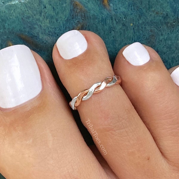Braided Rose Gold and Sterling Silver Toe Ring for Women | Braided Midi Ring | Open Adjustable Ring