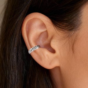 Oxidized Sterling Silver Ear Cuff | Filigree No Piercing Cartilage Hoop, Dark Silver Flower Wrap Adjustable