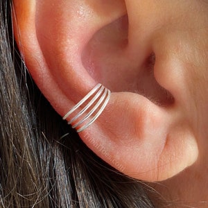 Sterling Silver 4 Band Ear Cuff – Hammered or Smooth No Piercing Cartilage Wrap, Stacked Look Helix Cuff, Handmade Minimalist Jewelry