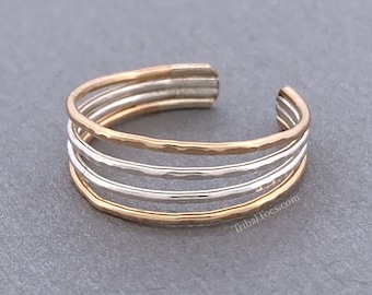 Gold and Silver Four Band Toe Ring | Open Adjustable Toe Ring for Woman