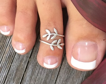 Leaf Wrap Bypass Toe Ring | Adjustable Ring | Sterling Silver Toe Ring for Woman | Floral Leaf Midi Ring | Botanical Vine Olive Branch