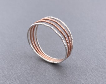 Hammered 925 Sterling Silver & Rose Gold Ring | Mixed Metal Ring