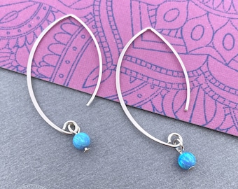 Open Crescent Hoop Blue Opal Sterling Silver Dangle Earrings