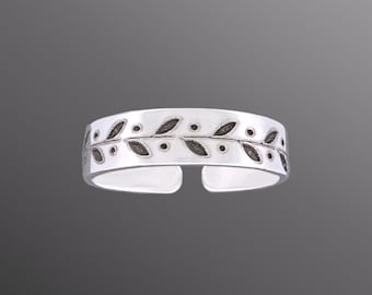 Olive Branch Cigar Cuff Band Sterling Silver Toe Ring for Woman | Adjustable Ring