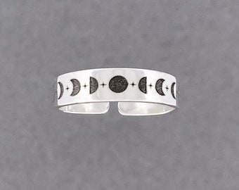 Moon Phases Cigar Cuff Band Sterling Silver Toe Ring for Woman | Adjustable Ring