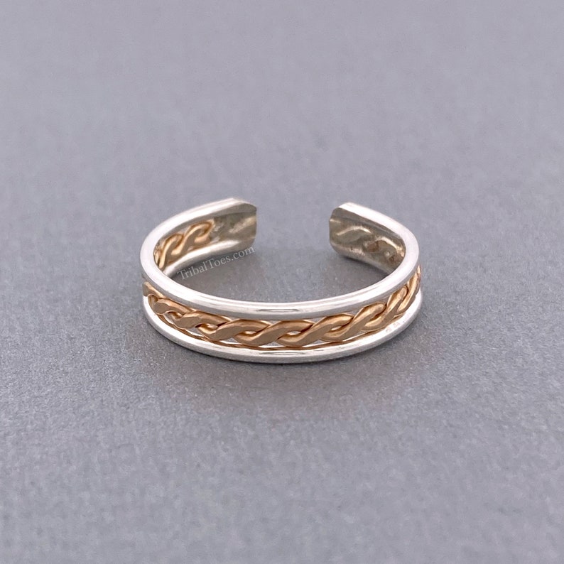 Mixed Metal Banded Braid Toe Ring for Woman Sterling Silver 14k Gold Filled Toe Ring Adjustable Ring immagine 6