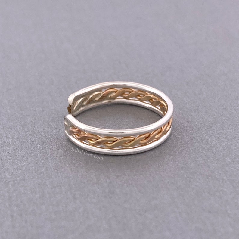 Mixed Metal Banded Braid Toe Ring for Woman Sterling Silver 14k Gold Filled Toe Ring Adjustable Ring immagine 7