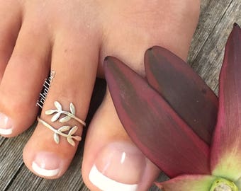 925 Sterling Silver Toe Ring Leaf Wrap Around Beach Feet Midi Ring Adjustable Olive Branch