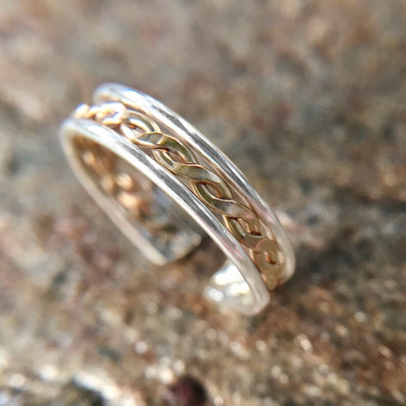 Mixed Metal Banded Braid Toe Ring for Woman Sterling Silver 14k Gold Filled Toe Ring Adjustable Ring immagine 5