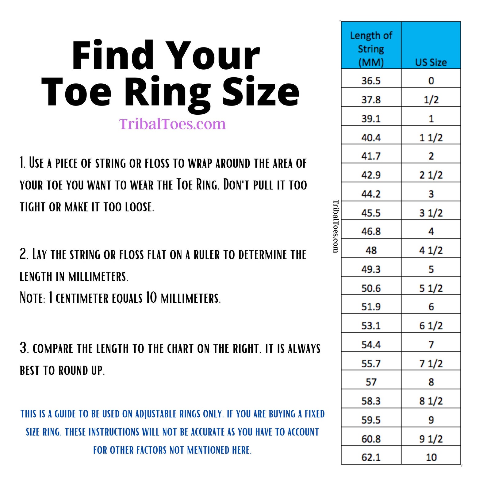 How to Find Your Adjustable Toe Ring Size | Etsy How To Measure For A Toe Ring