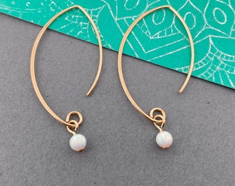 Open Crescent Hoop White Opal Gold Fill Dangle Earrings