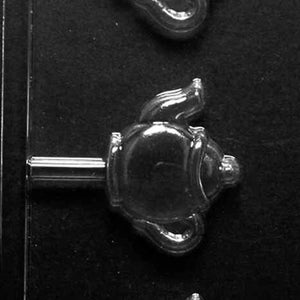 May include: A clear plastic mold for making chocolate teapot candy. The mold is designed to create a teapot shape with a handle and spout.