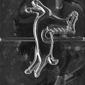 Puede incluir: Molde de plástico transparente con forma de caballo y jinete. El material transparente permite una fácil visualización del producto terminado. El texto "LIFE OF THE PARTY AURORA" es visible en la parte inferior.