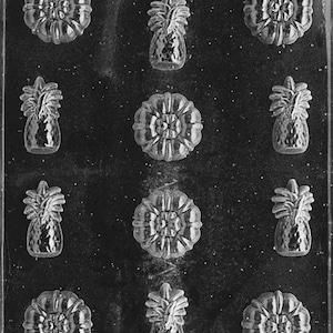 May include: Clear plastic mold with pineapple and flower shapes. The mold has a grid pattern with three rows and three columns. The bottom of the mold has the text "LIFE OF THE PARTY.08886 FDA APP. I-2".
