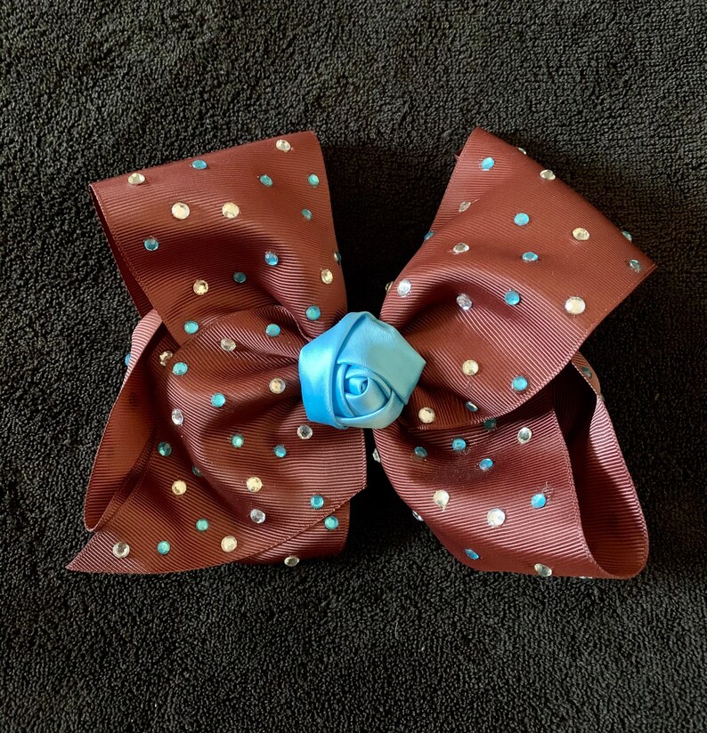 Beautiful Dark Brown And Light Blue Eight Inch Rhinestone Hair Bow