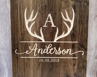 Rustic Wedding Guest Book Alternative | Rustic Wedding Decor | Wood Guest Book | Personalized Guest Book | Buck Antlers Hunting |Carved Wood