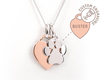 Heart & Paw Print Necklace - Engraved Rose Gold Plated Silver - Dog Lover Gift, Dog Memorial Jewelry, Dog Paw Necklace, Dog Loss, Pet Name