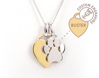 Heart & Paw Print Necklace - Yellow Gold Plated Silver - Dog Lover Gift, Dog Paw Necklace, Dog Gift, Dog Owner, Dog Memorial Jewelry
