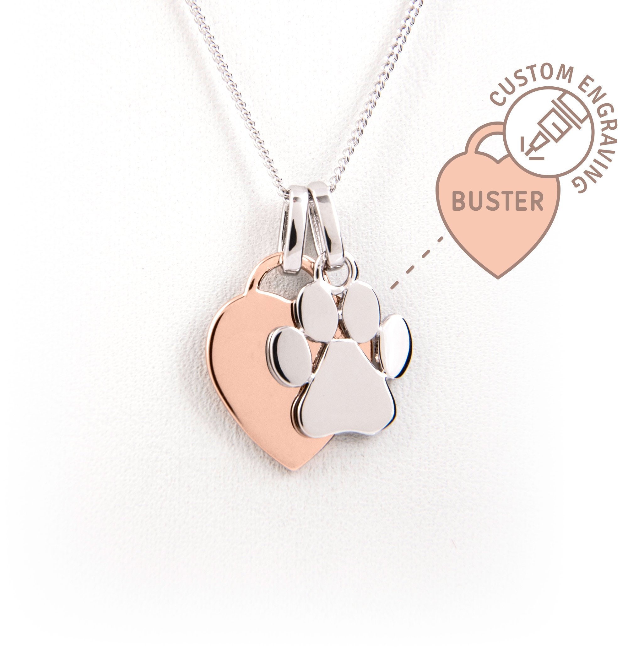 Dog Owner Paw Print Necklace with Custom Engraved Heart - 14k Rose Gold Plated Silver - Pet Gift, Dog Memorial Jewelrythumbnail