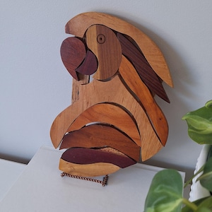 Vintage parrot cockatoo bird wood wall hanging art - handmade wooden decor cockatiel hand carved statue art