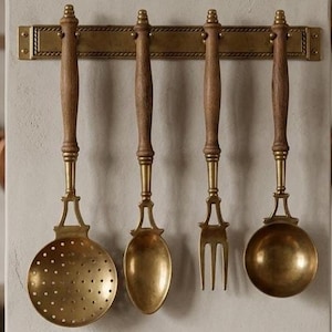 French Vintage Set of 4 Brass Kitchen Utensils Wood Handles - Wall Hanging Rack