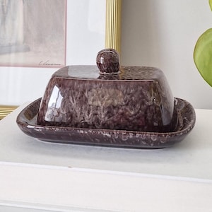 Brown Drip Glaze Stoneware Butter Dish Crock Pottery Vintage Kitchenware