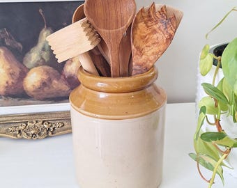 Antique crock stoneware jar utensil holder beige brown 1/2 - 1 gallon Vintage