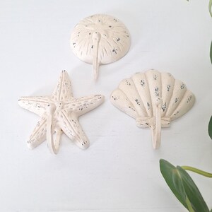 SET of 3 seashell wall hooks cast iron - towel hook  - Nautical ocean beach sea shell Theme Decor clam starfish sand dollar - vintage look