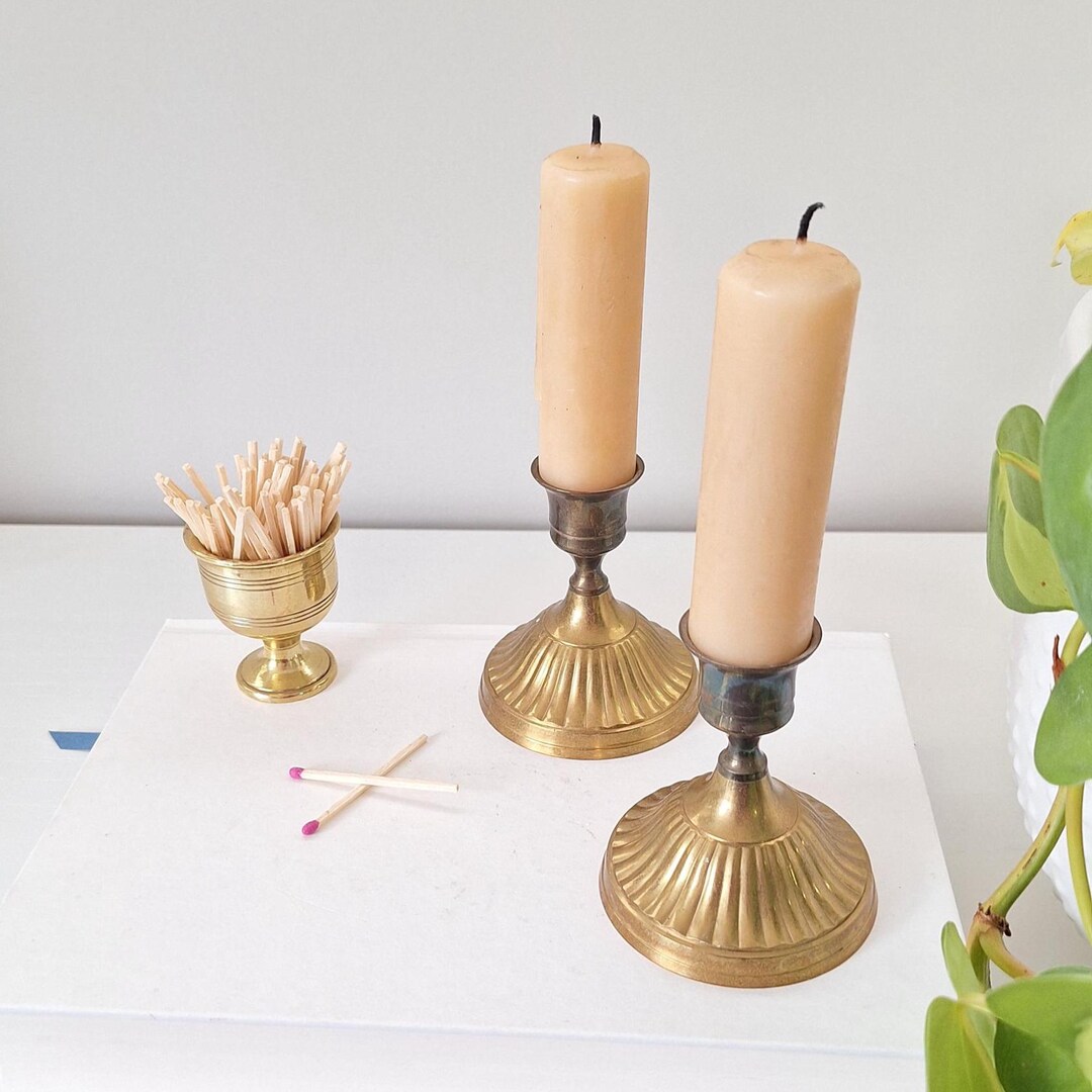 SET of 3 Vintage Brass Taper Candle Stick Holders & Brass Match Holder ...
