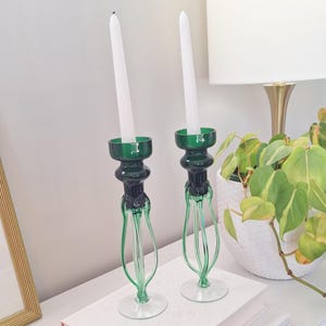 2 Vintage green glass candle holders Murano style hand blown ribbon flower set