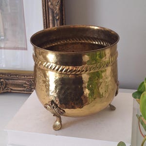 Vintage Brass Planter Pot claw footed Plant Cachepot rope ornate 7" clawfoot