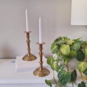 SET of 2 Large Vintage brass taper candle stick holders HEAVY almost 10 inches tall pair of Brass Colonial style round Base Antique Style