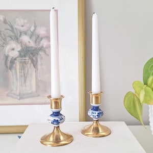 2 Vintage Brass Blue and White ceramic  Candle stick Holder candlestick holder