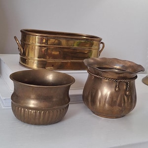 3 Vintage Brass Planter Pot Indoor Plant Cache Patina oval round rope drawstring