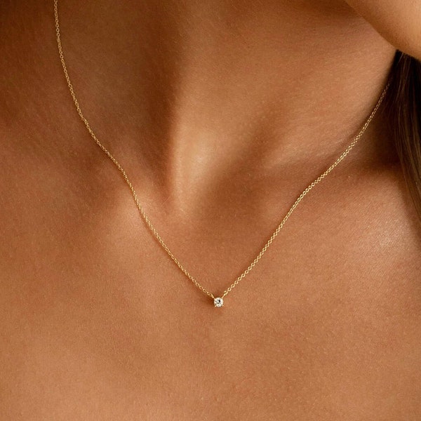 Mini Solitaire Necklace - 14K Gold Vermeil or Rhodium over Sterling Silver - Minimalist Layering Necklace - Trove