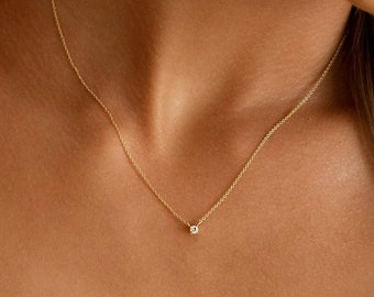 Mini Solitaire Necklace - 14K Gold Vermeil or Rhodium over Sterling Silver - Minimalist Layering Necklace - Trove