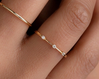 Delicate Three Stone Ring - 14K Gold Vermeil - Dainty Stacking Ring - CZ Stone - Trove