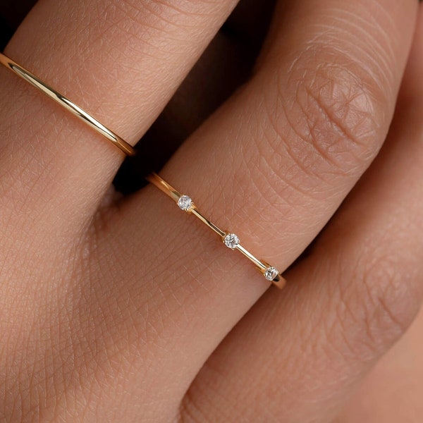 Delicate Three Stone Ring - 14K Gold Vermeil - Dainty Stacking Ring - CZ Stone - Trove