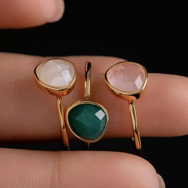 Organic Luna Ring - with Green Onyx, Rose Chalcedony or Rainbow Moonstone - Free Form Ring - Stacking Gemstone Ring - by Trove