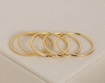 Thin Gold Stacking Rings - Hammered, Twist and Smooth Set of Five Bands - Gold Vermeil - Rose Gold - White Gold - Sterling Silver