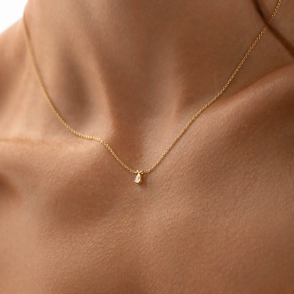 Mini Teardrop Pear Cut Solitaire Necklace - Moissanite Pear Necklace - Gold Vermeil - Trove