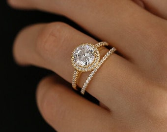 Round Gold Halo Engagement Ring in 14K Gold Vermeil over Sterling Silver