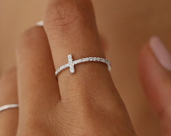 Dainty Cross Ring in White Gold (Rhodium) over Sterling Silver - Engagement Ring - Promise Ring - Dainty Ring - Wedding Ring - Elegant Ring