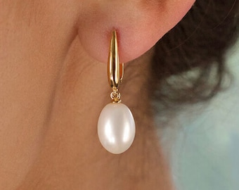 Fresh Water Drop Pearl Earrings in 14K Gold Vermeil, 14K Rose Gold Vermeil, White Gold (Rhodium) over Sterling Silver - Dangling Earrings