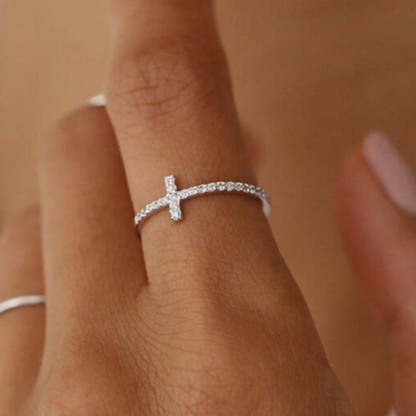 Dainty Cross Ring in White Gold (Rhodium) over Sterling Silver - Engagement Ring - Promise Ring - Dainty Ring - Wedding Ring - Elegant Ring