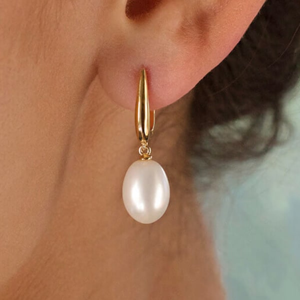 Fresh Water Drop Pearl Earrings in 14K Gold Vermeil, 14K Rose Gold Vermeil, White Gold (Rhodium) over Sterling Silver - Dangling Earrings